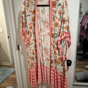 Floral Kimono with Striped Hem